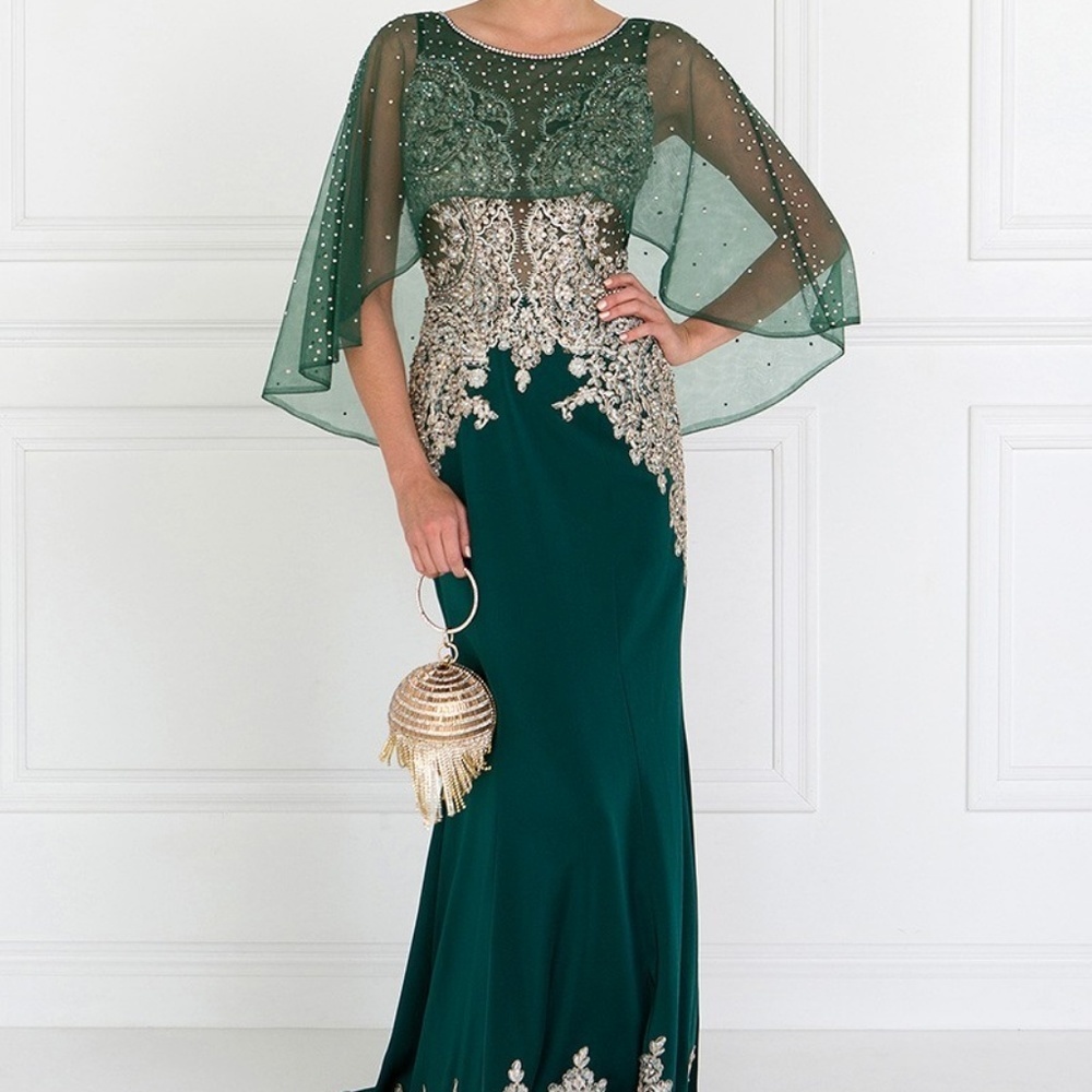 GLS Collective Deep Emerald Evening Gown with Gold Appliqué